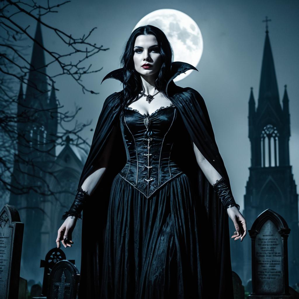 Gothic Vampire Woman in Moonlit Graveyard with Full Moon