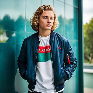 Young Man in Navy Bomber Jacket Against Teal Wall