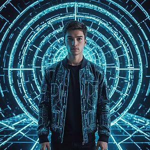 Confident Young Man in Futuristic Cyberpunk Setting