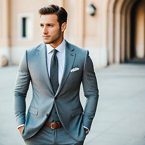 Confident Man in Grey Suit Against Modern Architecture