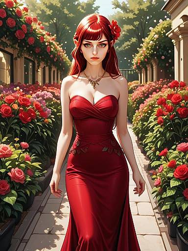 Elegant Red-haired Woman in Red Gown Walking Through Rose Garden Digital Anime Illustration