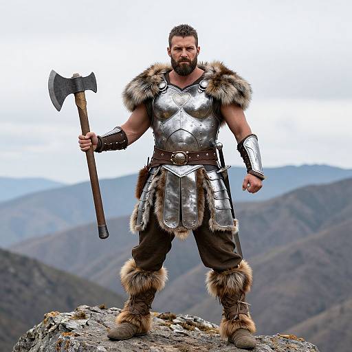 Warrior Man in Medieval Armor with Battle Axe on Mountain Peak