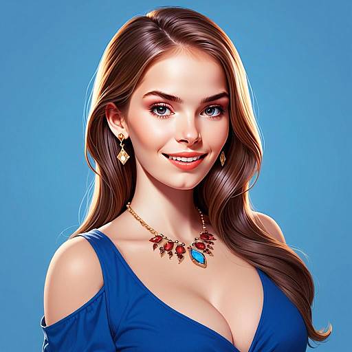 Stylish Woman in Blue Dress with Statement Jewelry Digital Portrait