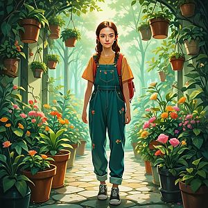 Young Woman in Lush Garden with Flowers