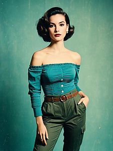 Retro Styled Woman in Off-Shoulder Top and Cargo Pants