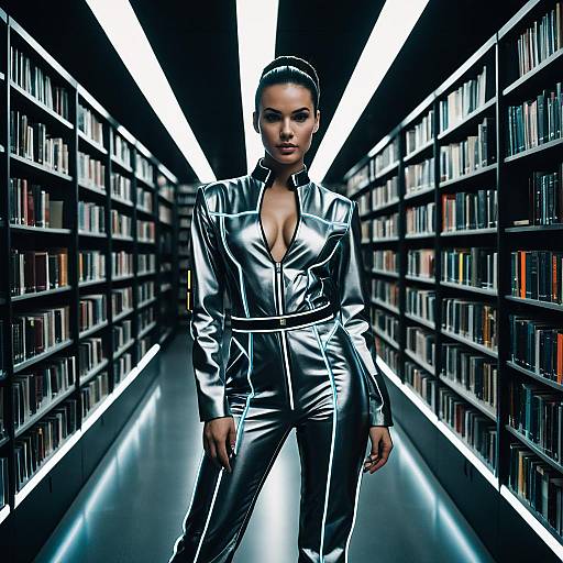 Futuristic Woman in Metallic Jumpsuit in Modern Library