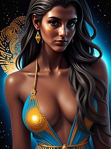 Woman in Blue and Gold Dress with Cosmic Background