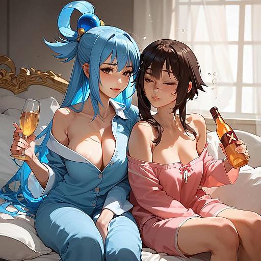 Anime Style Two Women Relaxing with Drinks in Cozy Bedroom
