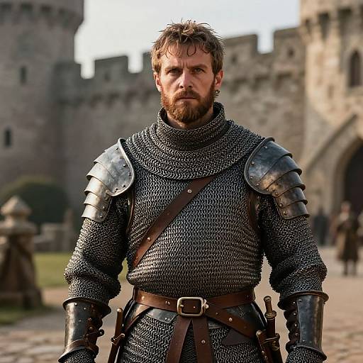 Medieval Knight in Chainmail Armor Standing in Front of Castle