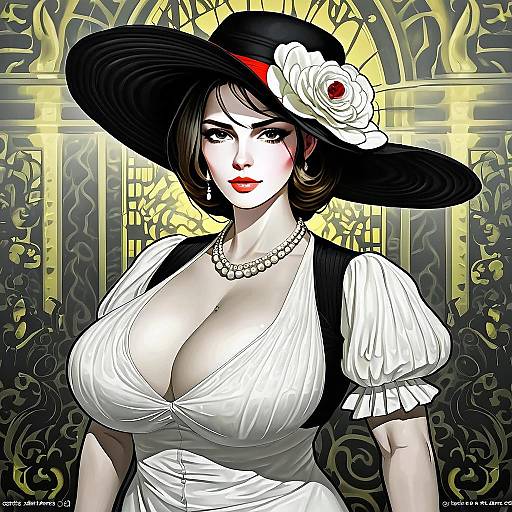 Anime Style Elegant Woman in Black Hat with White Rose
