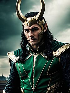 Cinematic Realism Portrait of a Man in Loki Costume with Dramatic Villain Look
