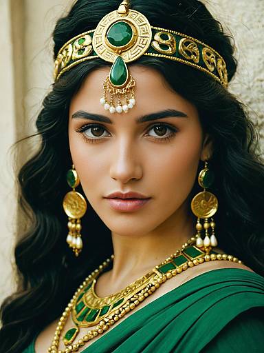 Woman in Green Greek Goddess Costume Close-Up Portrait with Gold Jewelry