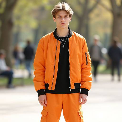 Young Man in Orange Bomber Jacket and Cargo Pants Streetwear Fashion