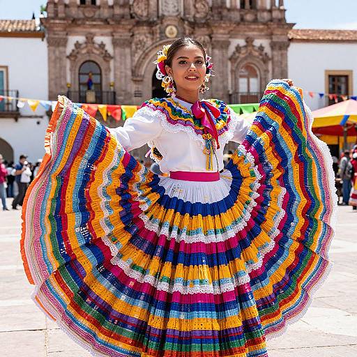 Traditional Mexican Woman in Colorful Folkloric Dress in Plaza