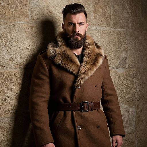 Stylish Bearded Man in Brown Fur-Collared Coat Against Stone Wall