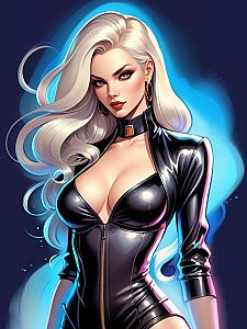 Digital Art of Woman in Glossy Black Leather Outfit with Platinum Blonde Hair
