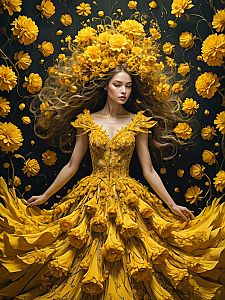Woman in Yellow Gown Among Vibrant Flowers