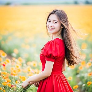 Young Woman in Red Dress among Yellow Flowers
