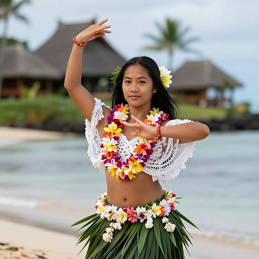 Traditional Hawaiian Hula Dance Woman on Beach with Floral Lei and Leaf Skirt