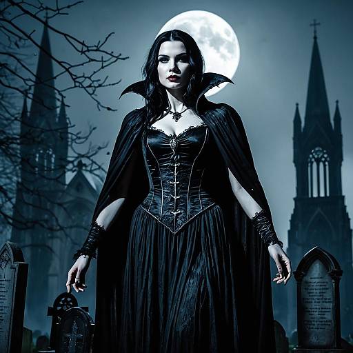 Gothic Vampire Woman in Moonlit Graveyard with Full Moon