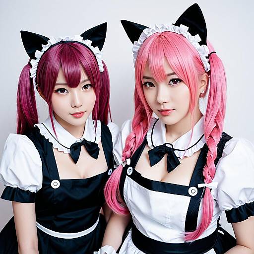 Cosplay Photo of Two Women in Pink Hair Maid Outfits with Cat Ears