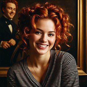 Smiling Red-Haired Woman with Curly Hair and Background Portrait