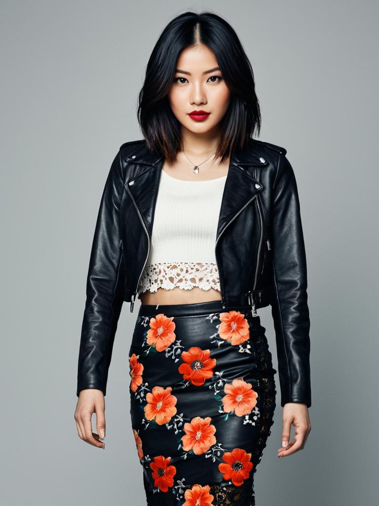 Confident Young Woman in Black Leather Jacket and Floral Skirt Fashion Portrait