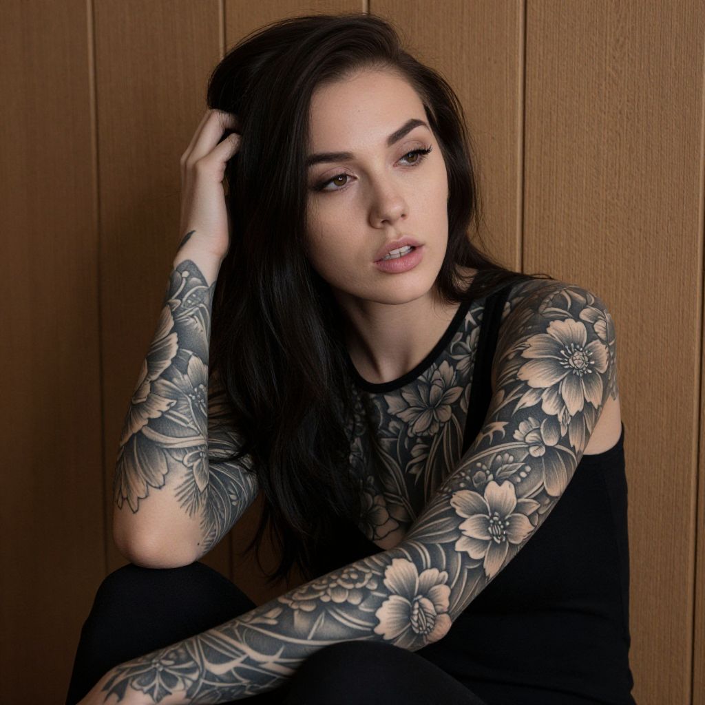 Portrait of Woman with Intricate Floral Sleeve Tattoos in Black Top