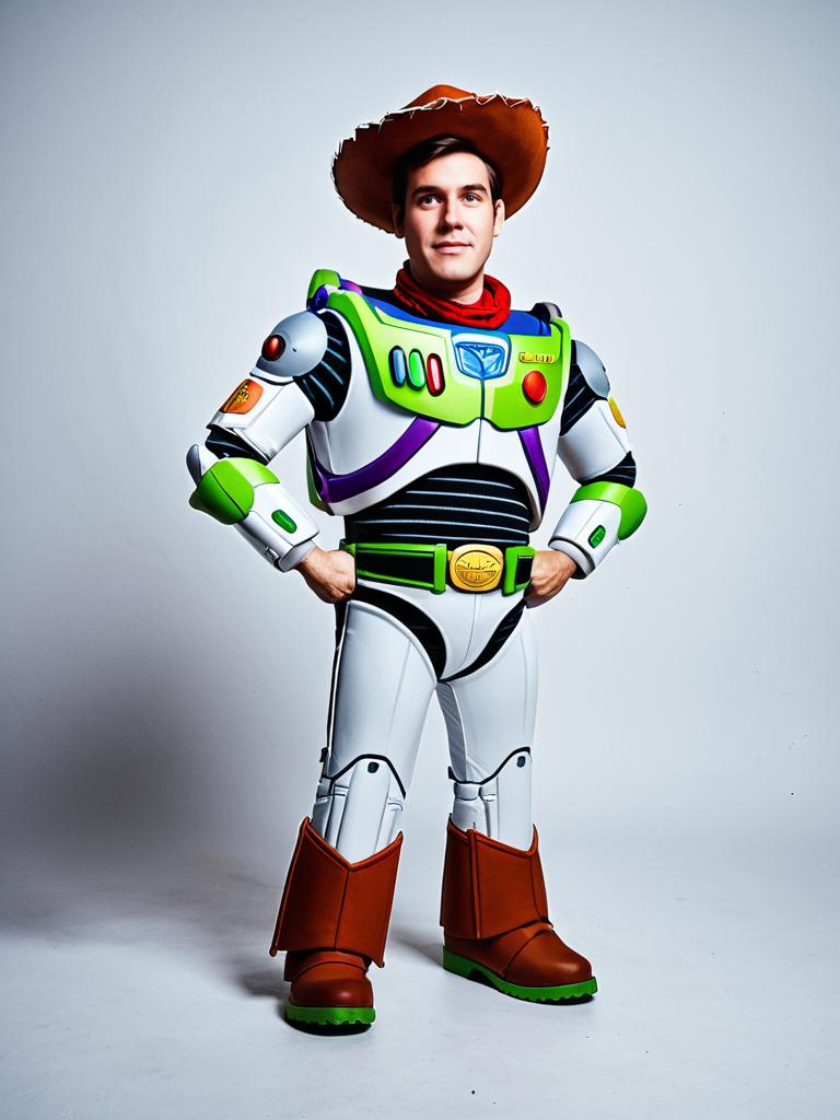 Man in Realistic Toy Story Buzz Lightyear Costume with Cowboy Hat Studio Portrait
