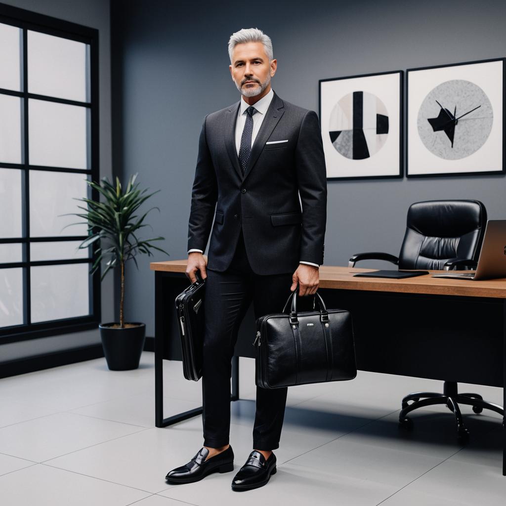 Confident Businessman in Modern Office with Black Suit and Briefcase