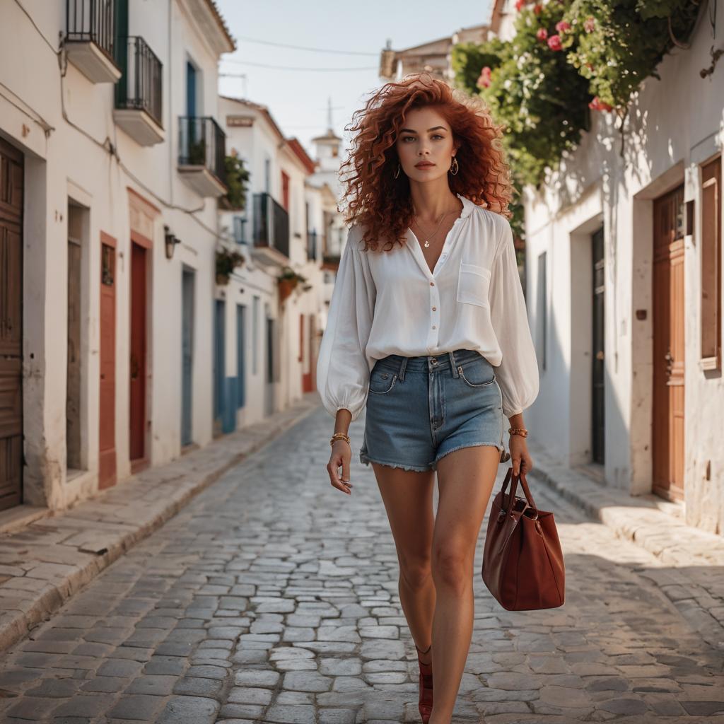 Stylish Woman Walking on Charming Mediterranean Cobblestone Street