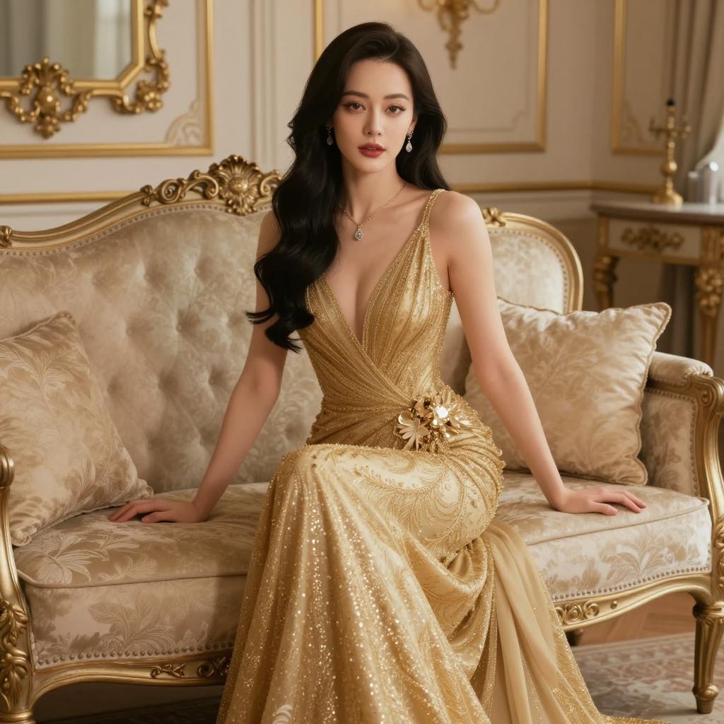 Elegant Woman in Golden Evening Gown Sitting on Ornate Vintage Sofa