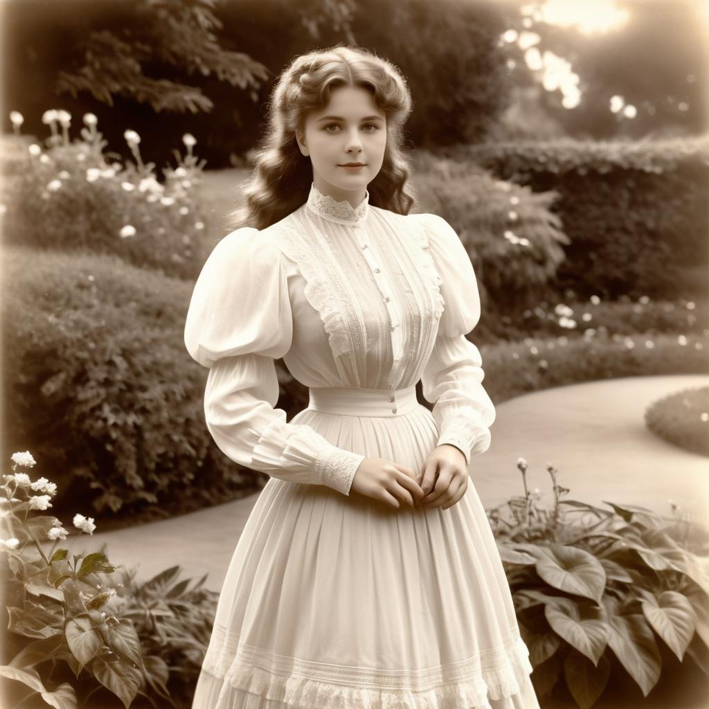 Vintage Woman in White Dress in Garden