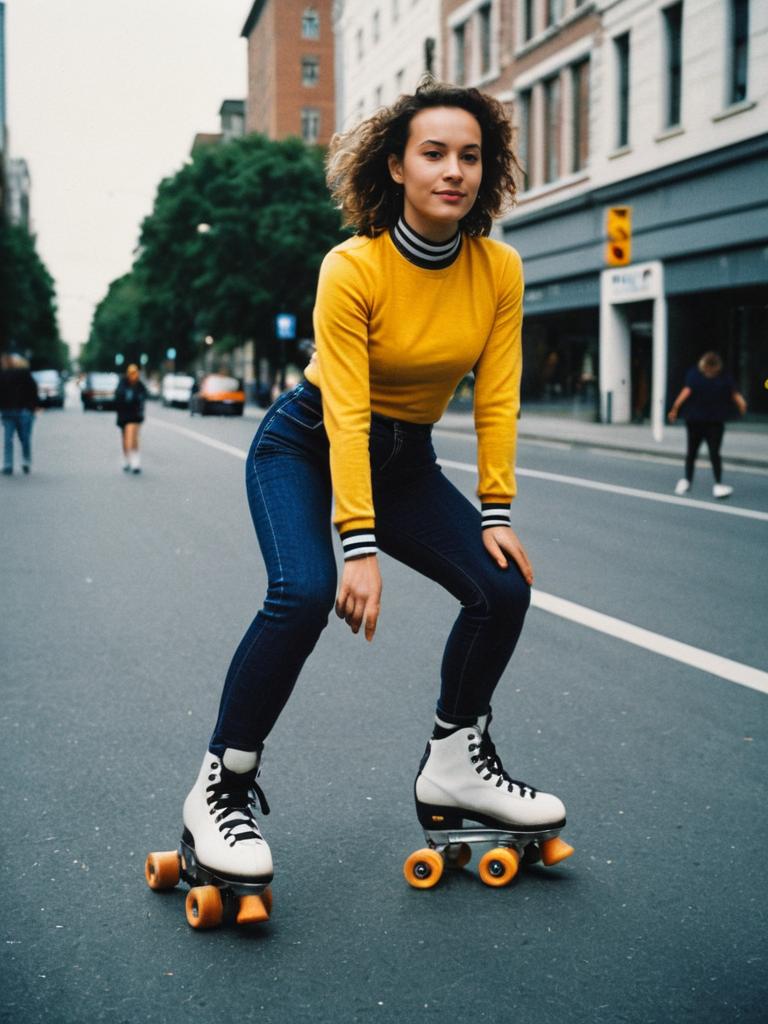 Young Woman in Yellow Sweater Roller Skating Outdoors in Urban Setting