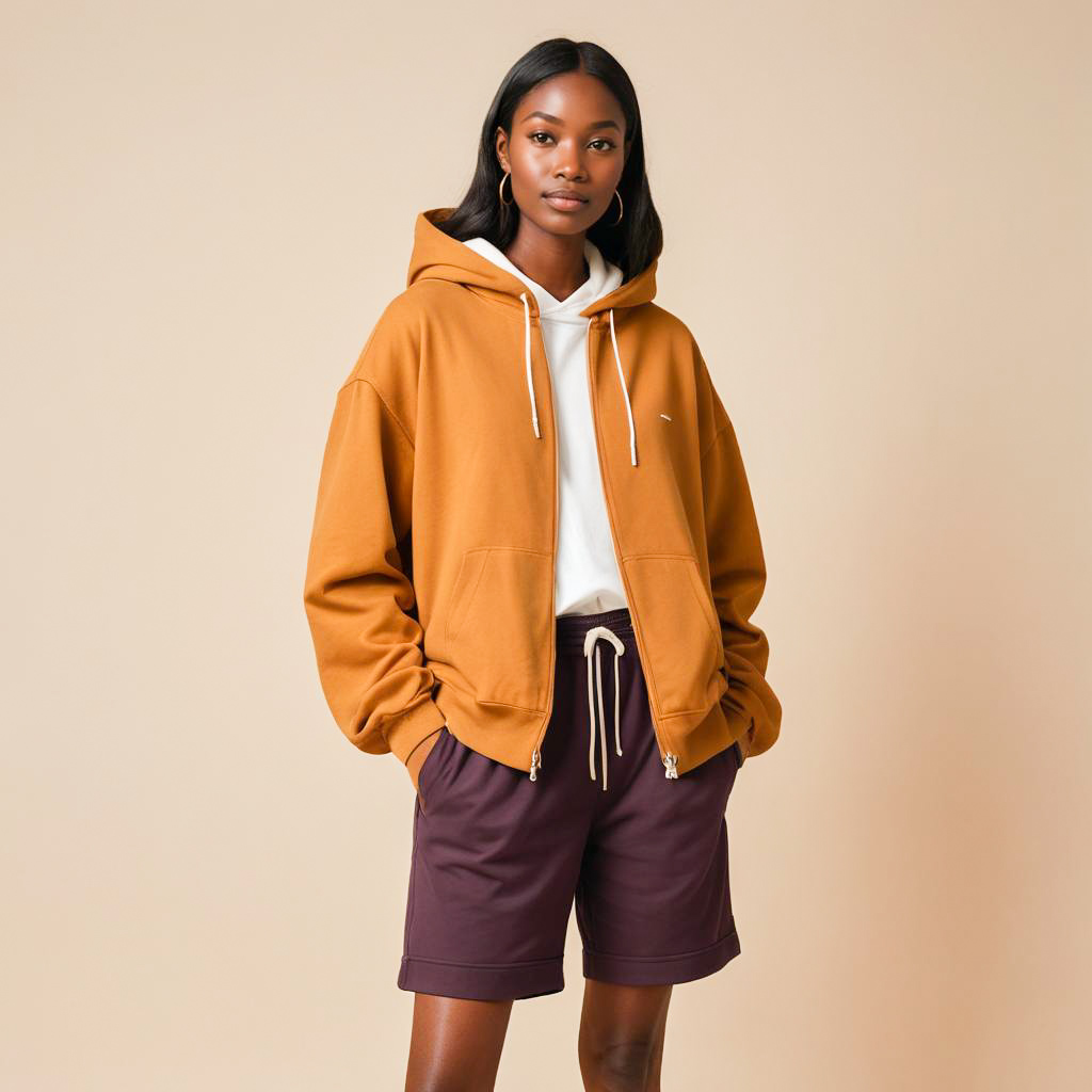 Confident Woman in Cozy Hoodie and Shorts