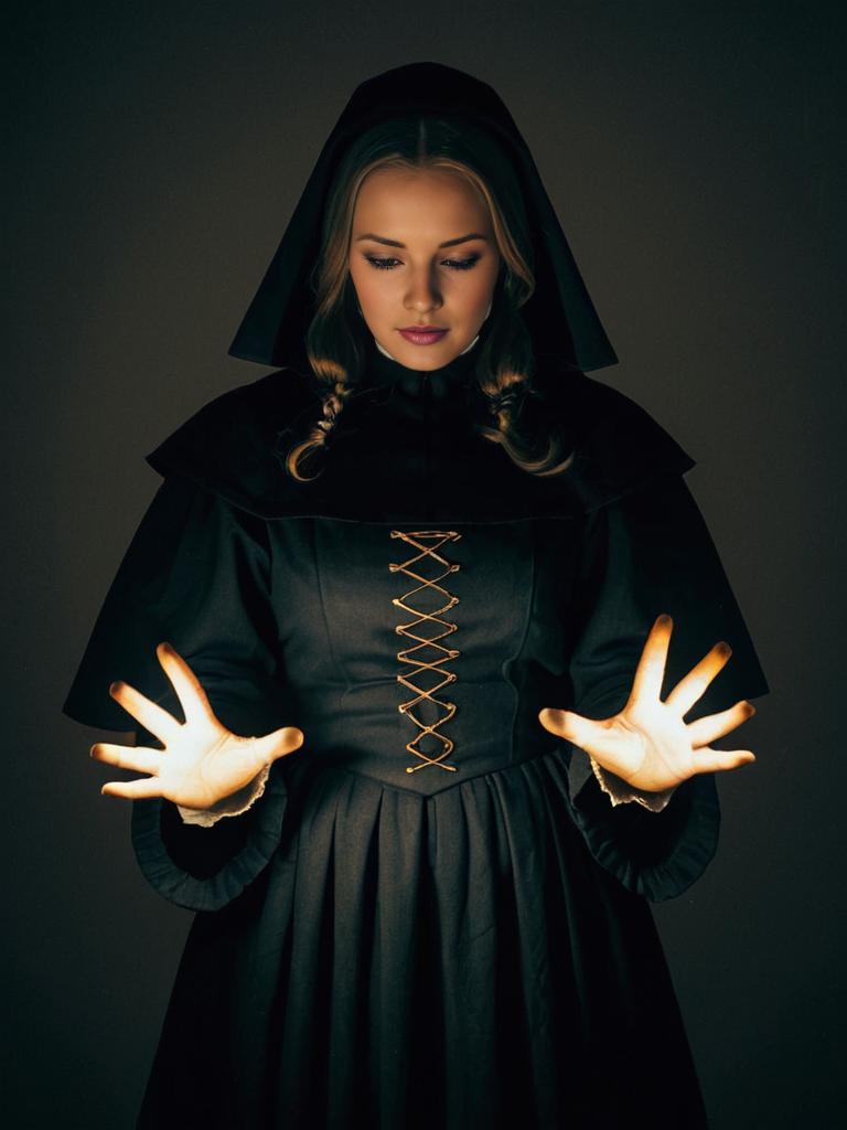 Woman in Gothic Medieval Costume with Illuminated Hands Casting Spell