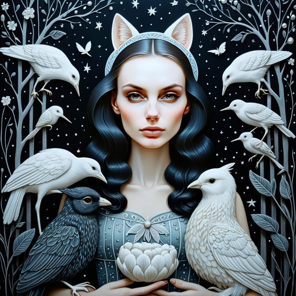 Fantasy Portrait of Woman with Animal Ears and Birds in Surreal Night Scene