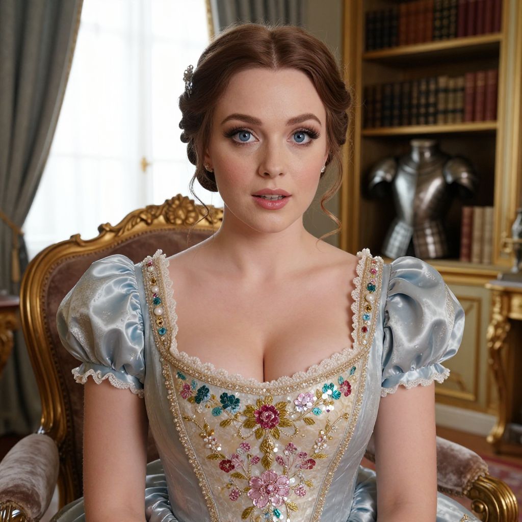 Woman in Elegant Embroidered Vintage Gown Sitting in Ornate Classical Room