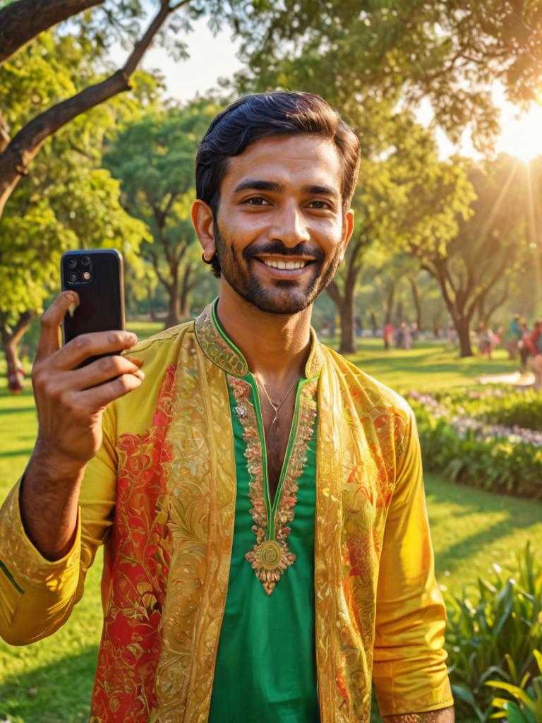 Indian man in traditional attire capturing a selfie in a vibrant park