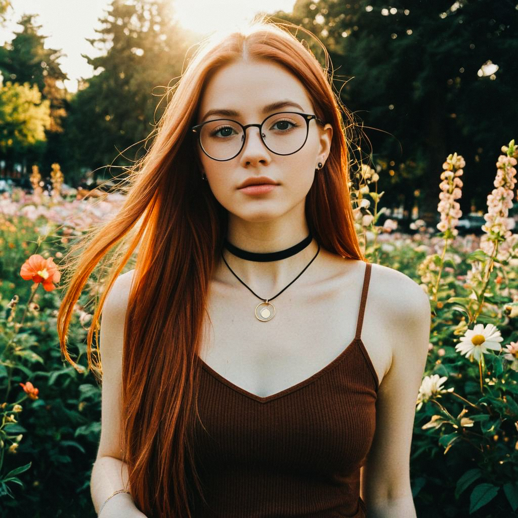 Young Woman in Flower Garden at Golden Hour