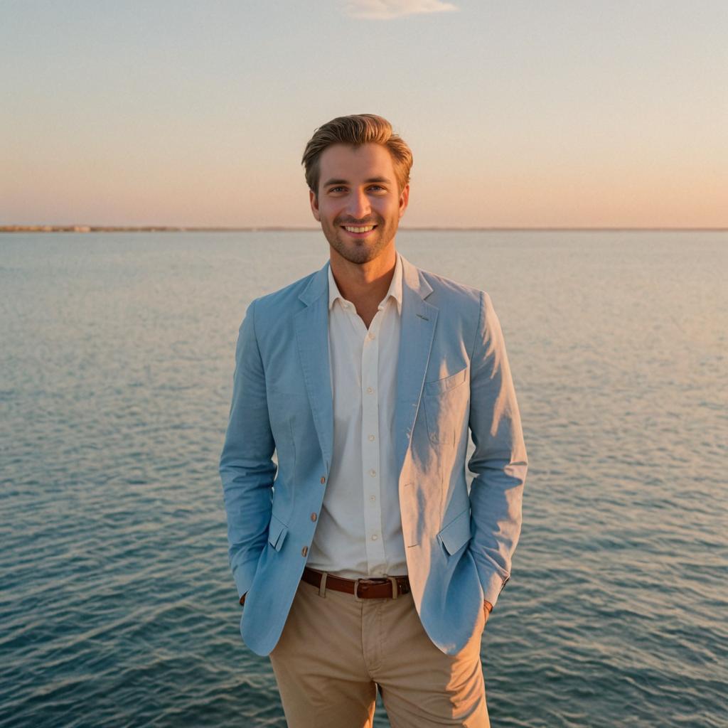 Smart Casual Man Smiling at Twilight Seascape