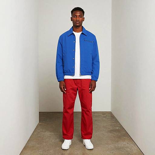Man in Blue Jacket and Red Pants Standing in Minimalist Hallway - Cortez Clothing