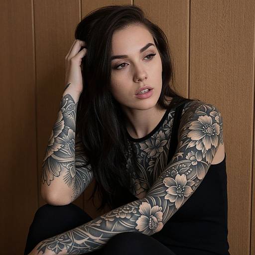 Portrait of Woman with Intricate Floral Sleeve Tattoos in Black Top