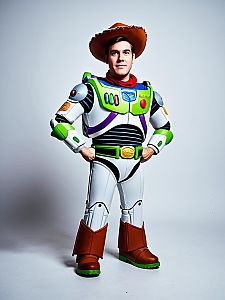 Man in Realistic Toy Story Buzz Lightyear Costume with Cowboy Hat Studio Portrait