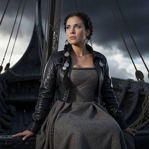 Woman on Viking Ship with Leather Jacket Under Stormy Sky