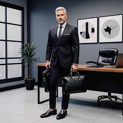 Confident Businessman in Modern Office with Black Suit and Briefcase