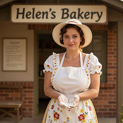 Vintage Woman Baker Holding Flour at Helen's Bakery