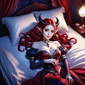 Fantasy Portrait of Woman with Red Hair and Dark Horns