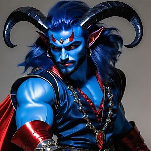 Blue-skinned man with horns in fantasy attire