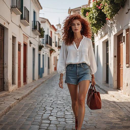 Stylish Woman Walking on Charming Mediterranean Cobblestone Street